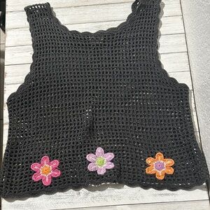 Vintage Black Crochet 70’s Style Tank Top with Floral Accents.